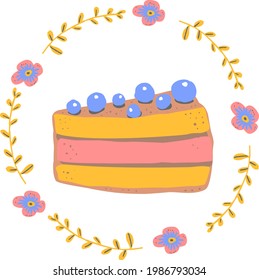 cute blueberry cake and floral wreath vector illustration