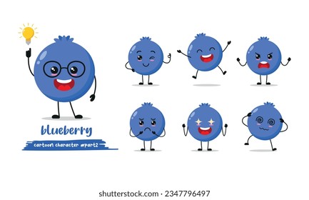 cute blueberry cartoon with many expressions. fruit different activity pose vector illustration flat design set.