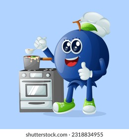 Cute blueberry character cooking on a stove. Perfect for kids, merchandise and sticker, banner promotion or blog
