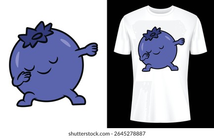 Cute blueberry character dabbing playfully on a white t-shirt Mockup. Fun fruit design ideal for kids clothing, summer wear, and vibrant apparel.