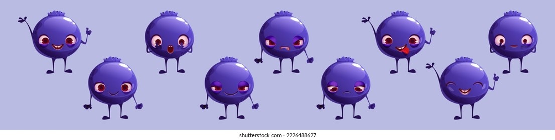 El personaje de arándano azul lindo se enfrenta a un conjunto de emojis. Cartoon garden berry del juego de historietas: risa, sonrisa, feliz, triste, carita, mostrar la lengua y sentimientos de enfado. Emoticon de comida divertida saludable, ilustración vectorial