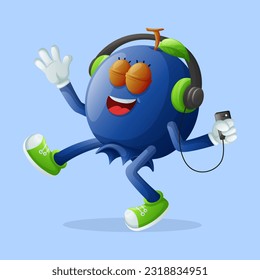Cute blueberry character listening to music. Perfect for kids, merchandise and sticker, banner promotion or blog
