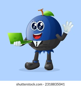 Cute blueberry character typing on a computer. Perfect for kids, merchandise and sticker, banner promotion or blog
