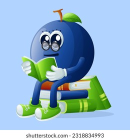 Cute blueberry character wearing glasses and reading a book. Perfect for kids, merchandise and sticker, banner promotion or blog
