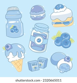 Cute blueberry dessert kawaii food objects collection