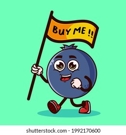 Cute Blueberry fruit character with carrying a flag that says buy me . Fruit character icon concept isolated. Emoji Sticker. flat cartoon style Vector