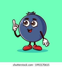 Cute Blueberry fruit character with happy face and Gesture pointing up. Fruit character icon concept isolated. Emoji Sticker. flat cartoon style Vector