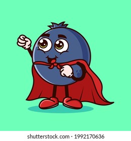 Cute el personaje de la fruta Blueberry con un disfraz de super héroe y trata de volar. Icono de carácter de fruta aislado. Emoji Sticker. estilo de dibujos animados planos Vector