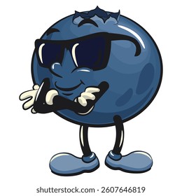 Cute blueberry fruit vektor illustration mascot character wearing sunglasses folding his arms calmly, work of hand drawn