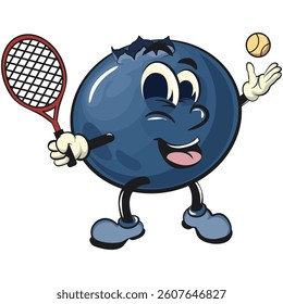 Cute blueberry fruit vektor illustration mascot character playing tennis, work of hand drawn
