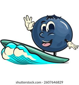 Cute blueberry fruit vektor illustration mascot character surfing riding the waves, work of hand drawn