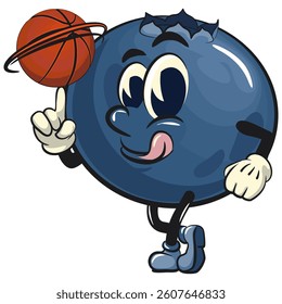 Cute blueberry fruit vektor illustration mascot character spin the basketball with the index finger, work of hand drawn