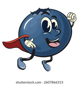 Cute blueberry fruit vektor illustration mascot character as flying superhero wearing a robe, work of hand drawn