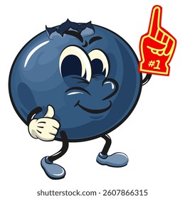 Cute blueberry fruit vektor illustration mascot character raise foam finger, work of hand drawn