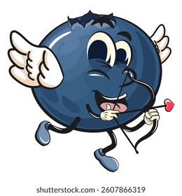 Cute blueberry fruit vektor illustration mascot character being cupid with angel wings and the arrow of love, work of hand drawn