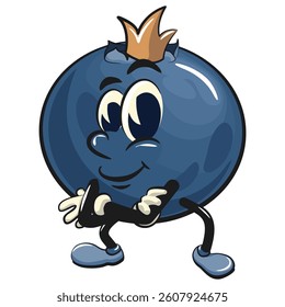 Cute blueberry fruit vektor illustration mascot character crowned like a king while folding his arms calmly, work of hand drawn