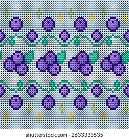 Cute Blueberry Knitting Seamless Pattern with Pixel Style on Light Background