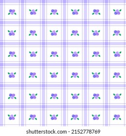 Cute Blueberry leaf Fruit Vegetable Element Purple Lilac Violet Green Stripe Striped Line Tilt Checkered Plaid Tartan Buffalo Scott Gingham Pattern Illustration Wrapping Paper, Picnic Mat, Tablecloth