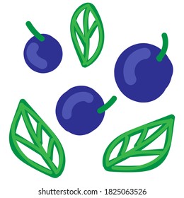 cute blueberry or blueberry with leaves, vector color element, cute simple drawing for kids, funny fruits