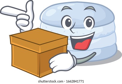 Cute blueberry macaron cartoon character having a box