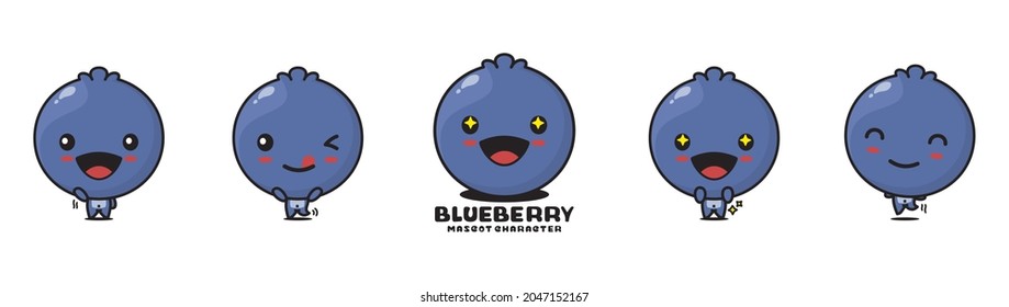 Cute Blueberry Mascot, Fruit Vector Illustration, With Different Facial Expressions And Poses, Isolated On White Background