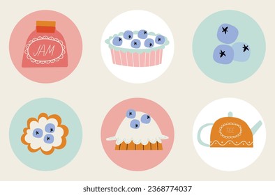 Cute blueberry pie, cookies, teapot, jam and blueberries. Round stickers for decorating children's birthdays and themed parties. A set of decorations for a candy bar. 