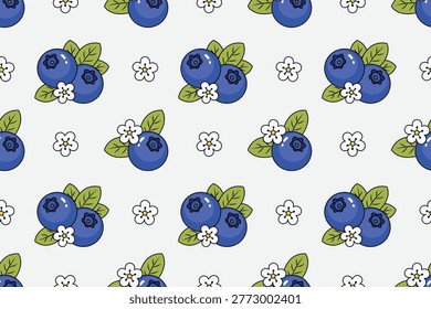 Cute Blueberry and Small Flower Seamless Pattern in Clean Kawaii Style