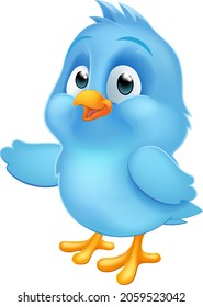 A Cute Bluebird Blue Baby Bird Cartoon Mascot Illustration Pointing With Its Wing 