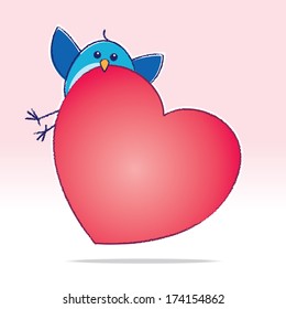 Cute Bluebird carrying a Big Red Heart on a Pink Gradient Background