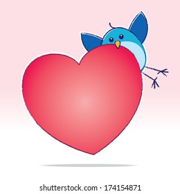 Cute Bluebird carrying a Big Red Heart on a Pink Gradient Background