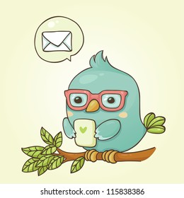 Cute bluebird sending messages with smartphone.