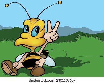 Cute Blue-eyed Bee Sitting on the Ground and Showing Victory - Colored Cartoon Illustration with Background, Vector