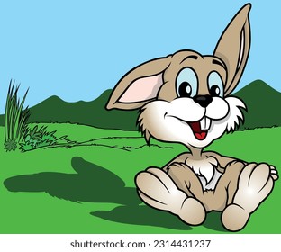 Bonito conejito marrón de ojos azules sentado en el suelo - Ilustración de dibujos de color con fondo, vector