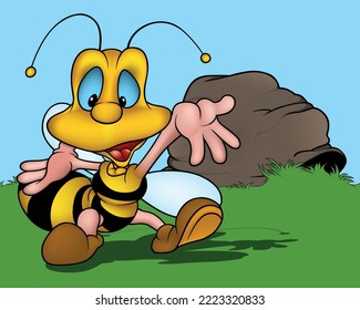 Cute Blue-eyed Honey Bee with Open Arms - Colored Cartoon Illustration with Background, Vector