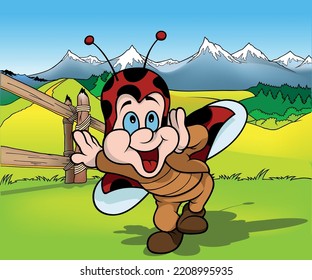 Cute Blue-eyed Ladybird with Big Smile and Outstretched Wings - Colored Cartoon Illustration with Background, Vector