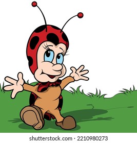 Cute Blue  eyed Ladybird and Open Arms    Colored Cartoon Illustration and Background  Vector