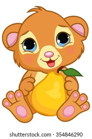 Cute blue-eyed lion holding a pear.