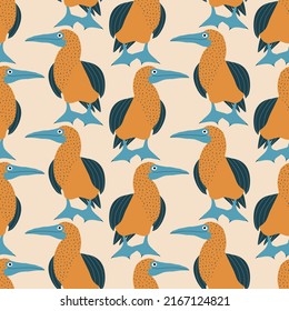 Cute blue-footed boobies hand drawn vector illustration. Funny yellow birds in flat style seamless pattern for kids fabric or wallpaper.	