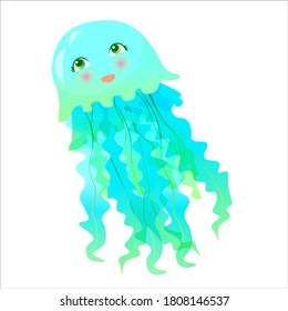 Cute blue-green jellyfish. sea ​​animal in cartoon style. Vector illustration isolated on white background