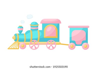 Cute blue-pink  train with steam on white background. Cartoon transport for kids cards, baby shower, birthday invitation, house interior. Bright colored childish vector illustration in cartoon style.