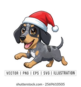 Cute Bluetick Coonhound Puppy in Santa Hat - Christmas Cartoon Vector Illustration