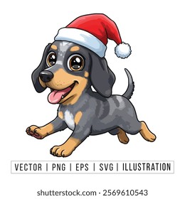 Cute Bluetick Coonhound Puppy in Santa Hat - Christmas Cartoon Vector Illustration