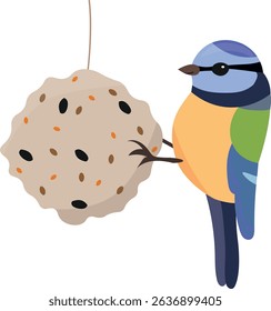 Cute bluetit bird pecking talllow ball. Vector illustration.