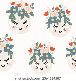 Cute blushing egg shells with rosy cheeks and floral crown in ivory, red, blue, pink and green on off white background. Beautiful easter seamless vector pattern. Great for homedecor, fabric, wallpaper