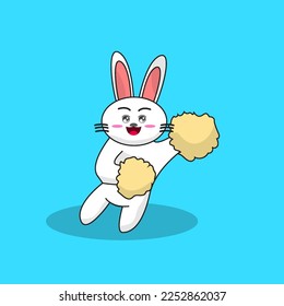Cute Blushing White Rabbit Cheering Using Pom Poms Illustration
