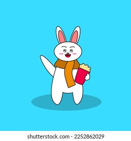 Cute Blushing White Rabbit Holding Popcorn Illustration