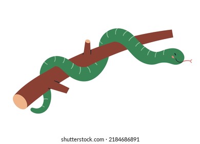 Cute boa, smiling jungle python snake character hanging on a tree branch, reptile mascot, tropical rainforest animal, isolated vector illustration on white background