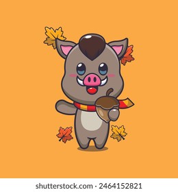 Cute boar with acorns at autumn season. Mascot cartoon vector illustration suitable for poster, brochure, web, mascot, sticker, logo and icon.