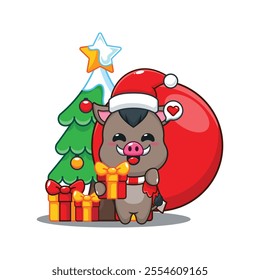 Cute boar carrying bag of presents. Cartoon vector illustration in Christmas day.