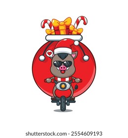 Cute boar carrying bag of presents with motorcycle. Cartoon vector illustration in Christmas day.